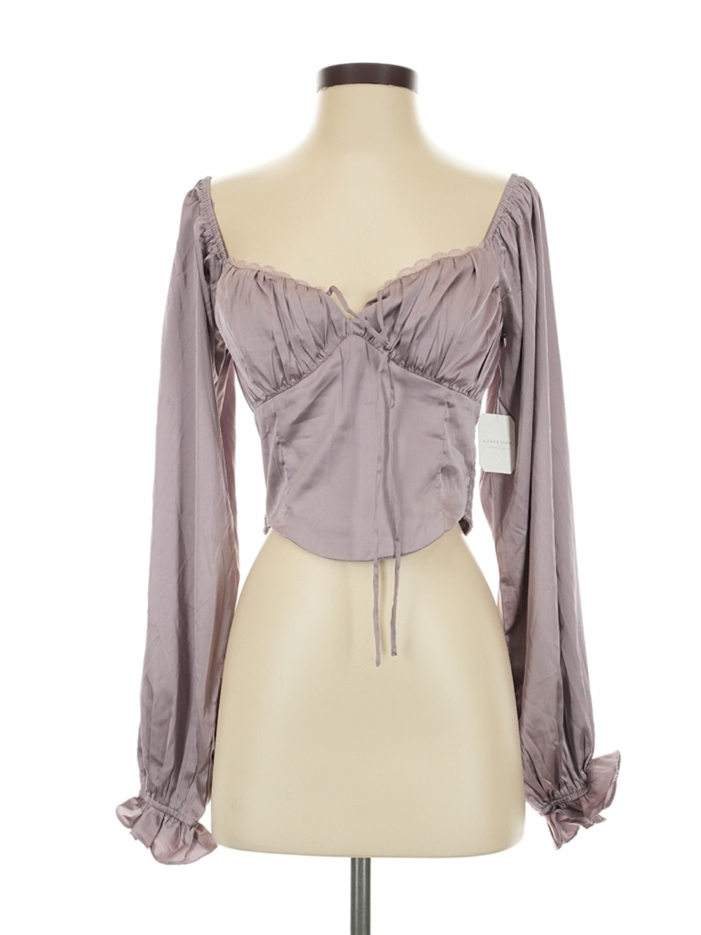 Astr Ruched Satin Long Sleeve Crop Blouse in Dusty Mauve